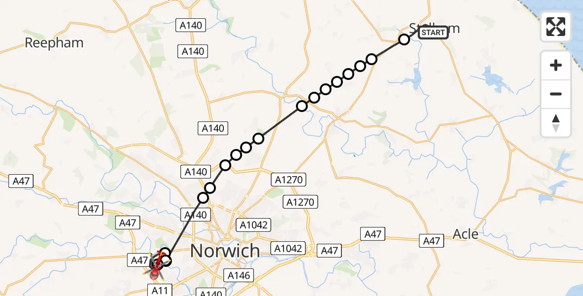 Flight route Air Ambulance Helicopter Stalham - Norfolk & Norwich Hospital, 31 July 2026, 16:37