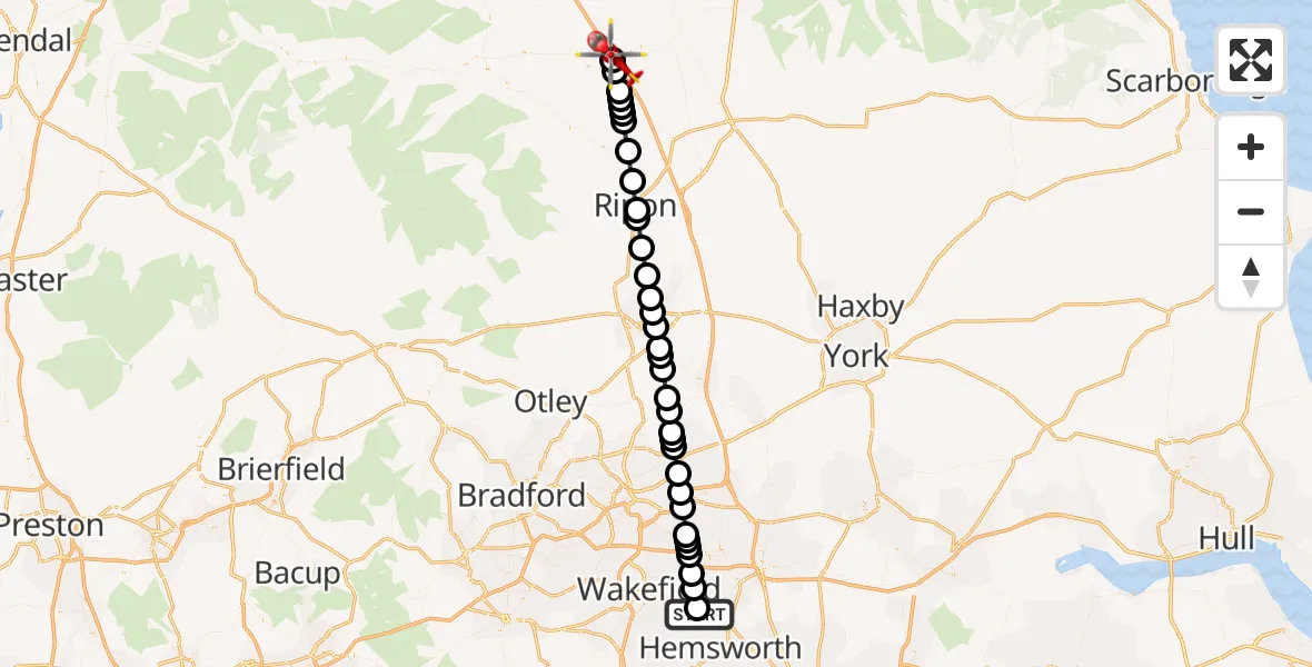 Flight route Air Ambulance Helicopter YAA Nostell Helicopter Port - Leeming Bar, 31 July 2026, 16:39