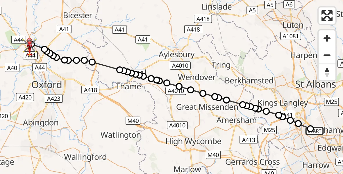 Flight route Air Ambulance Helicopter Aldenham - London Oxford Airport, 31 July 2026, 16:40
