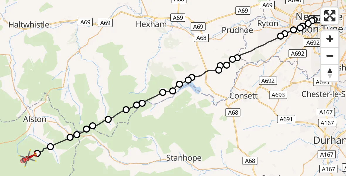 Flight route Air Ambulance Helicopter Newcastle Royal Victoria Infirmary - Alston Moor, 31 July 2026, 16:40