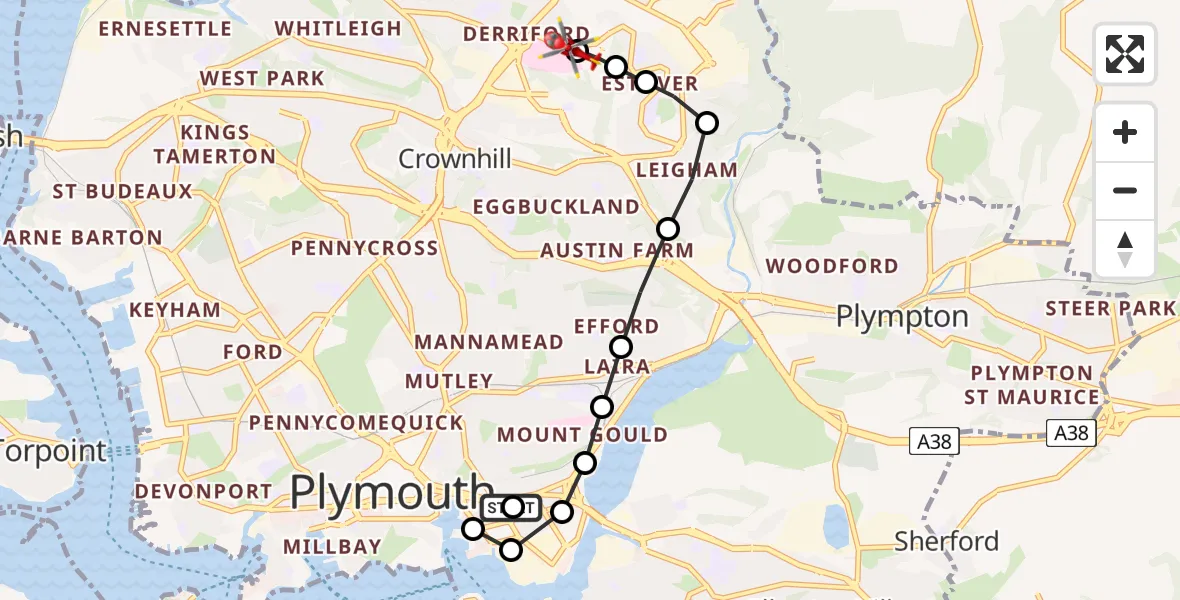 Flight route Air Ambulance Helicopter Cattedown - Derriford Hospital, 31 July 2026, 16:44