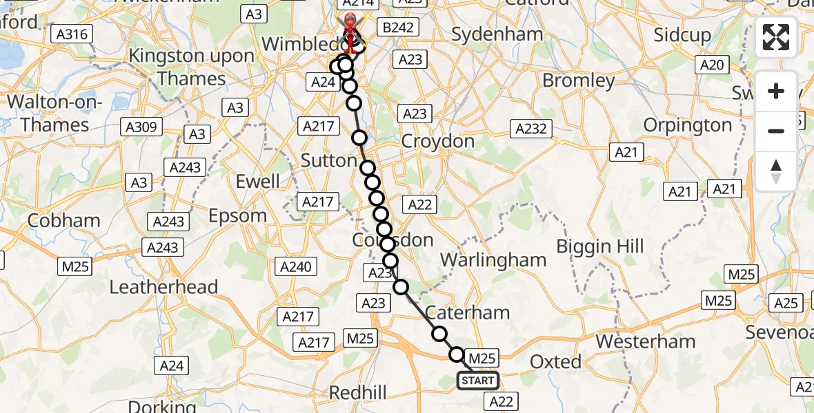 Flight route Air Ambulance Helicopter Godstone - St Georges Hospital, 31 July 2026, 16:50