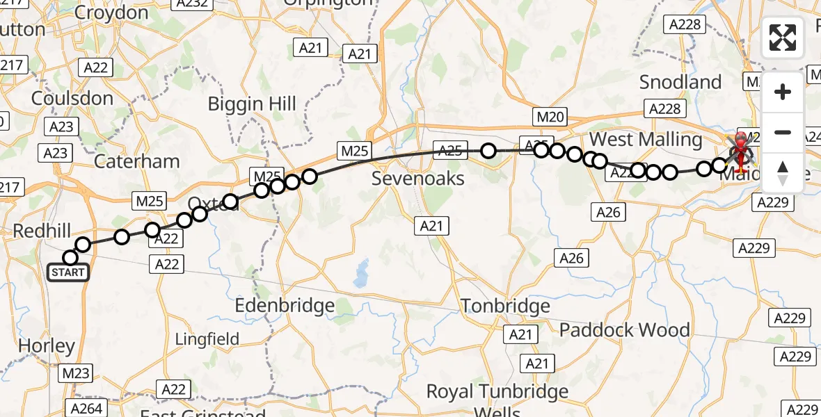 Flight route Air Ambulance Helicopter Redhill Aerodrome - Maidstone, 31 July 2026, 16:52