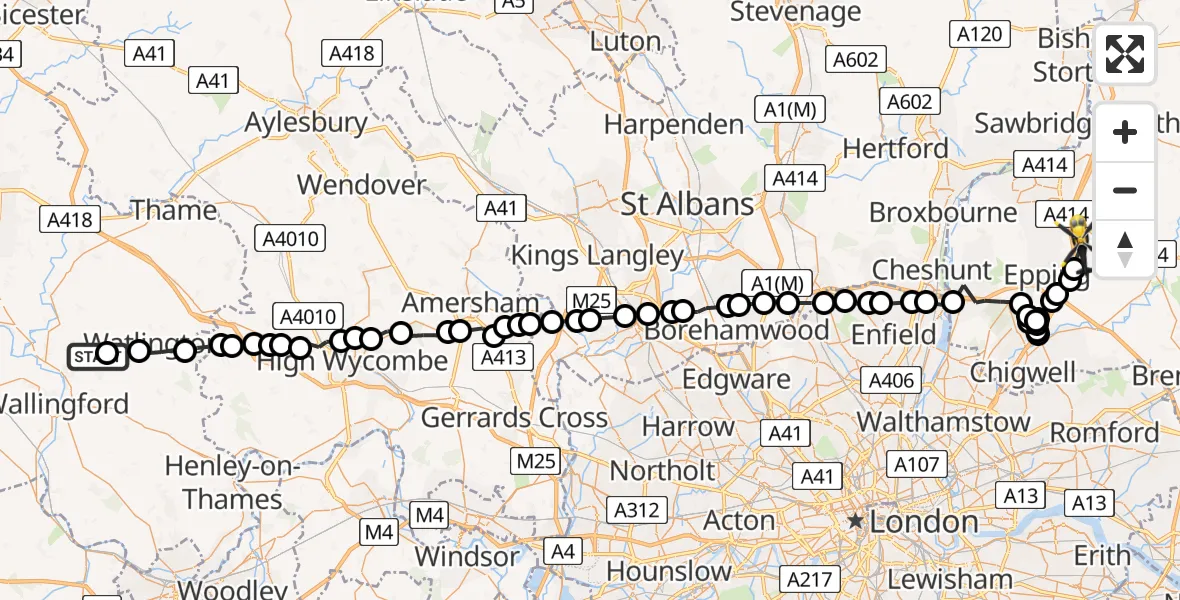 Flight route Police Helicopter Ewelme - North Weald Airfield, 31 July 2026, 16:57