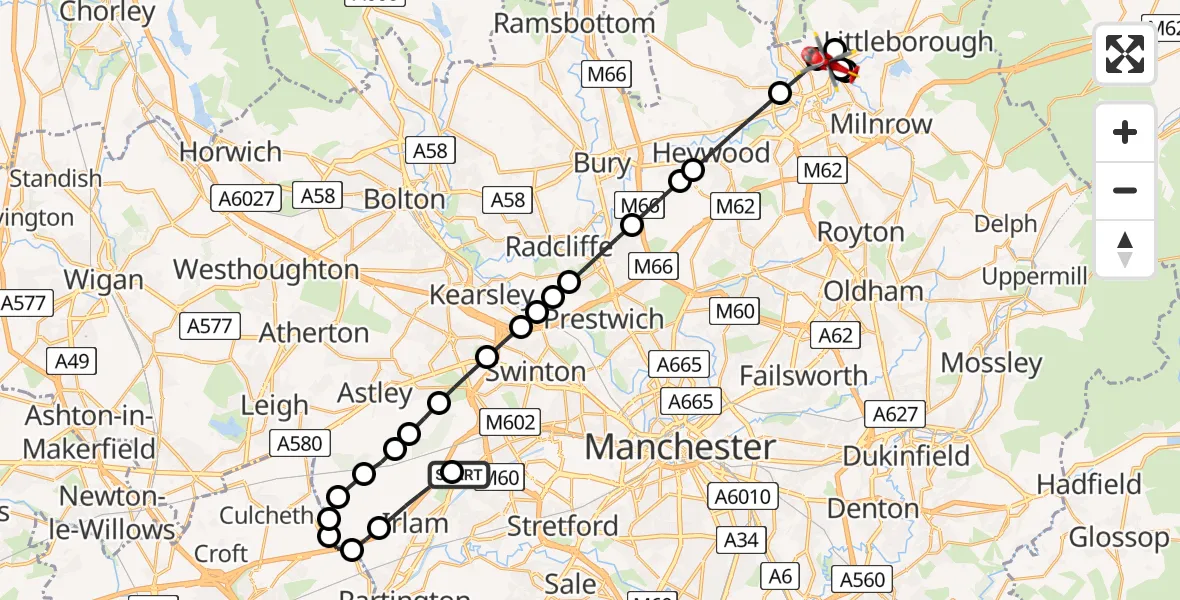 Flight route Air Ambulance Helicopter Manchester Barton Aerodrome - Rochdale, 31 July 2026, 17:11