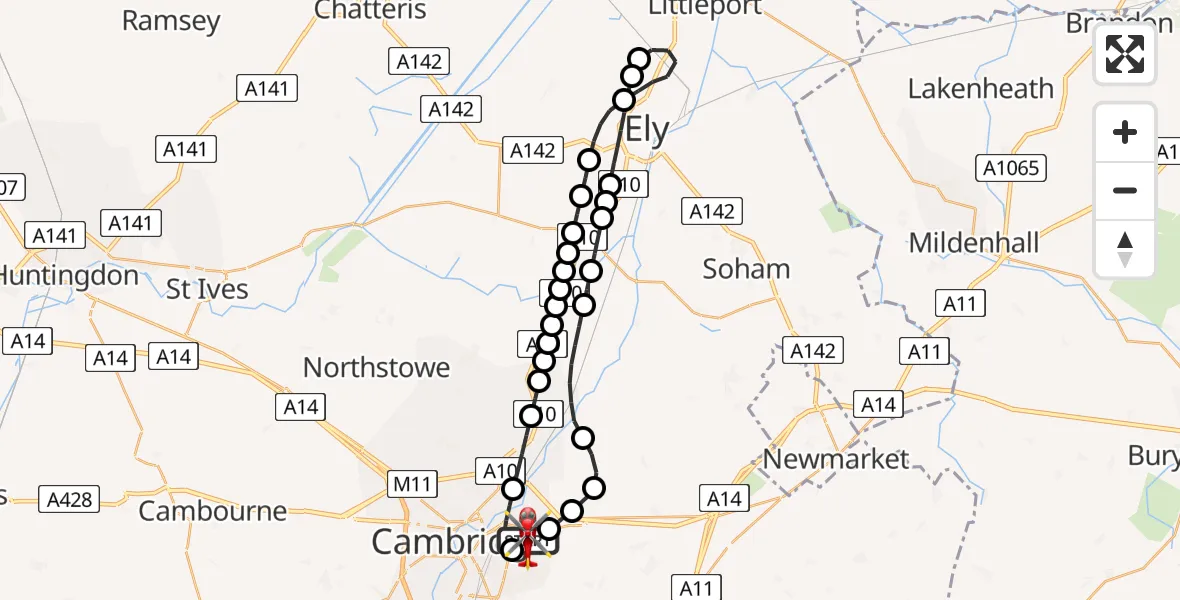 Flight route Air Ambulance Helicopter Cambridge City Airport - Cambridge City Airport, 31 July 2026, 17:11