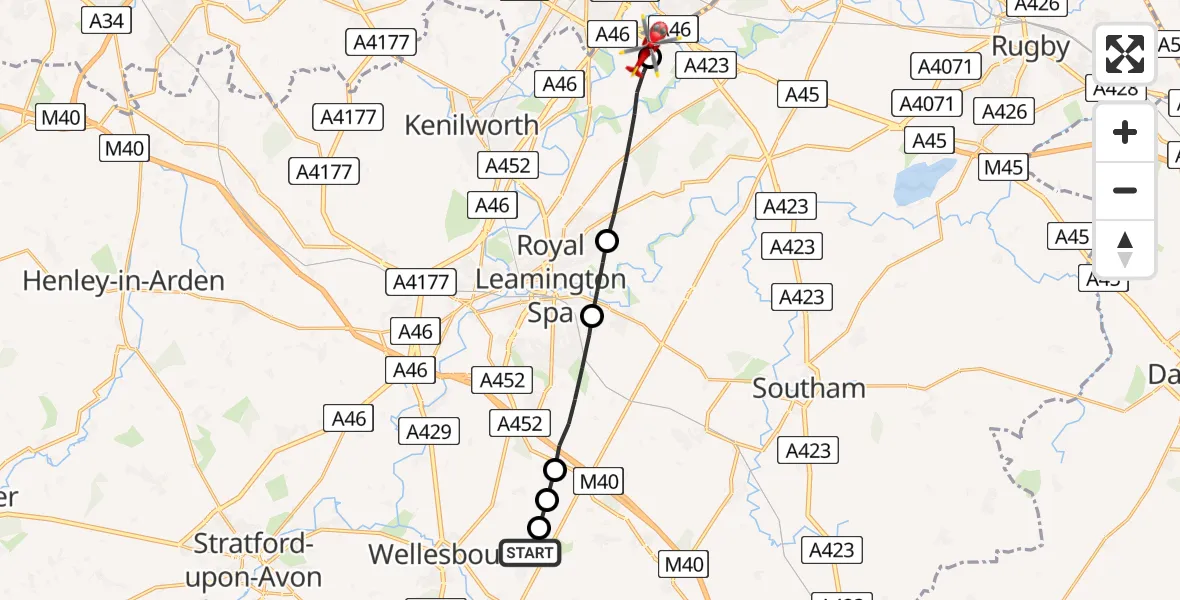 Flight route Air Ambulance Helicopter Moreton Morrell - Coventry Airport, 31 July 2026, 17:21