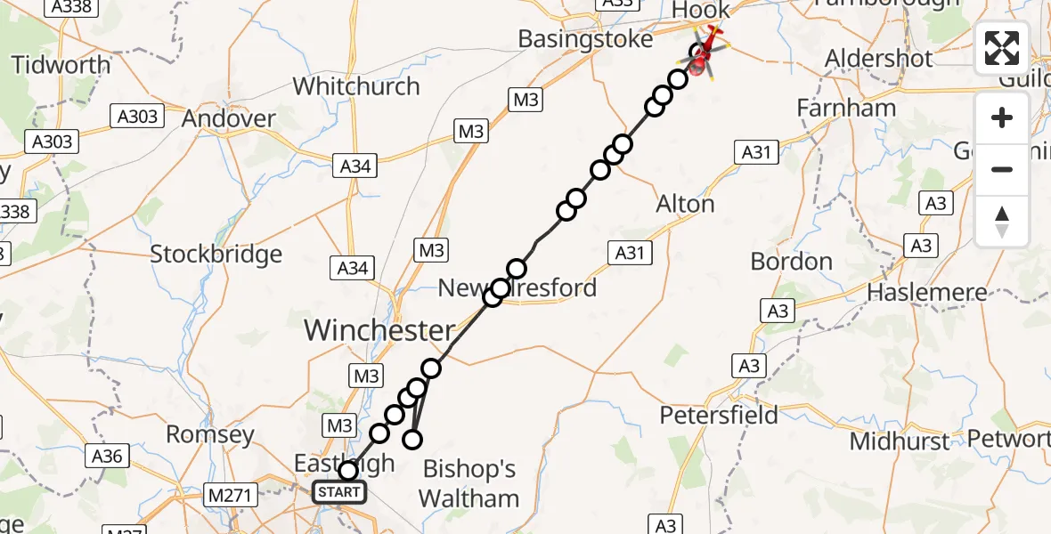 Flight route Air Ambulance Helicopter Southampton Airport - North Warnborough, 31 July 2026, 17:23
