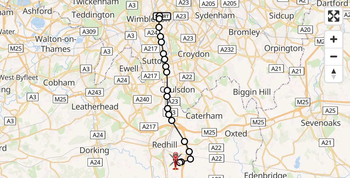 Flight route Air Ambulance Helicopter St Georges Hospital - Redhill Aerodrome, 31 July 2026, 17:27