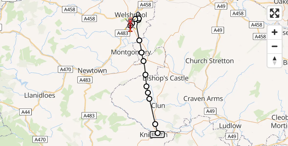 Flight route Air Ambulance Helicopter Stowe - Welshpool Airport, 31 July 2026, 17:28
