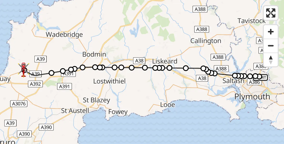 Flight route Air Ambulance Helicopter Derriford Hospital - Cornwall Airport Newquay, 31 July 2026, 17:34