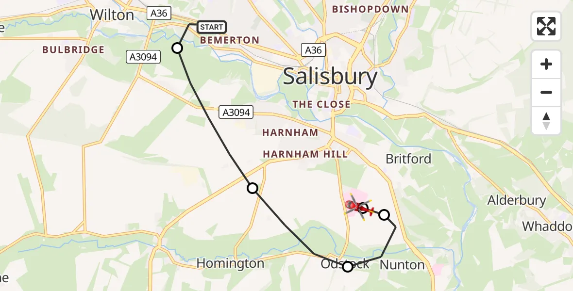 Flight route Air Ambulance Helicopter Stratford-sub-Castle - Salisbury District Hospital, 31 July 2026, 17:35