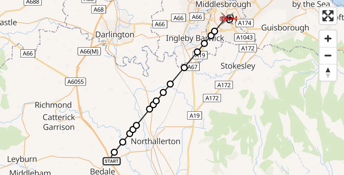 Flight route Air Ambulance Helicopter Leeming Bar - James Cook University Hospital, 31 July 2026, 17:38