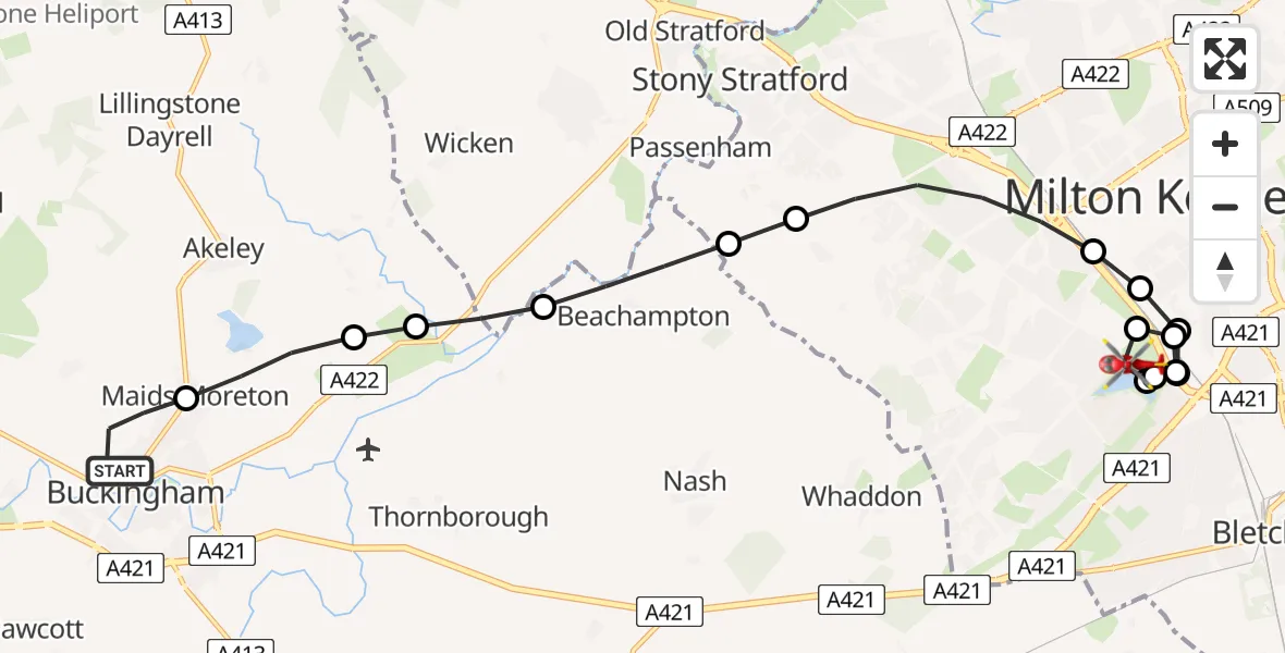 Flight route Air Ambulance Helicopter Buckingham - Knowlhill, 31 July 2026, 17:41