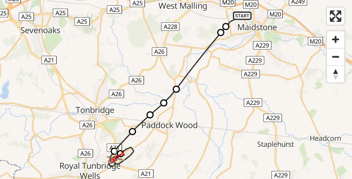 Flight route Air Ambulance Helicopter Maidstone - Royal Tunbridge Wells, 31 July 2026, 17:46
