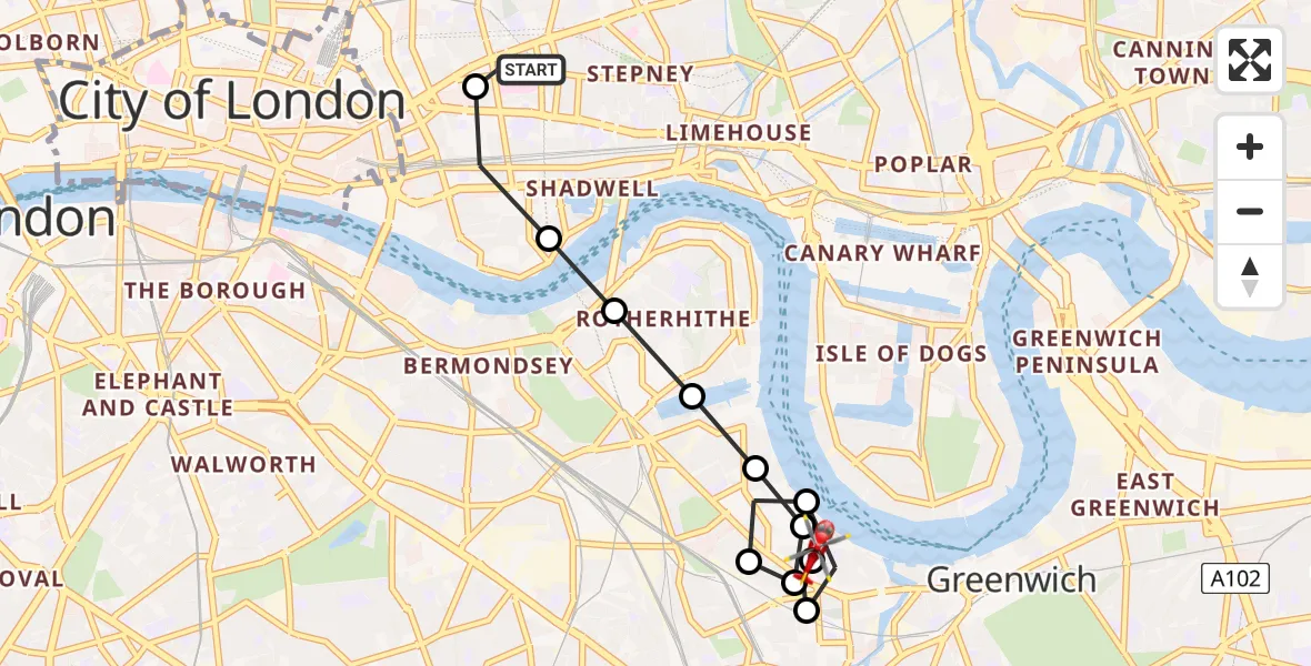 Flight route Air Ambulance Helicopter Royal London Hospital - Deptford, 31 July 2026, 17:53