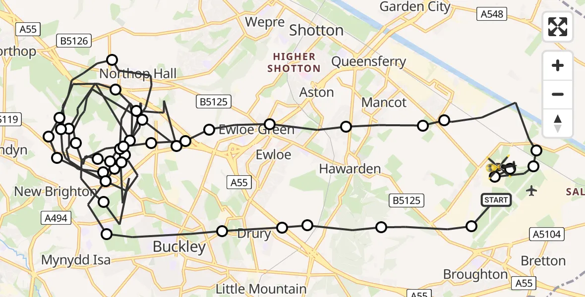 Flight route Police Helicopter Hawarden Airport - Broughton and Bretton, 31 July 2026, 17:54