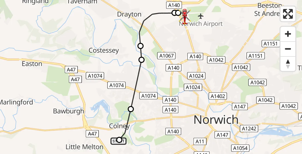 Flight route Air Ambulance Helicopter Norfolk & Norwich Hospital - Norwich Airport, 31 July 2026, 17:57