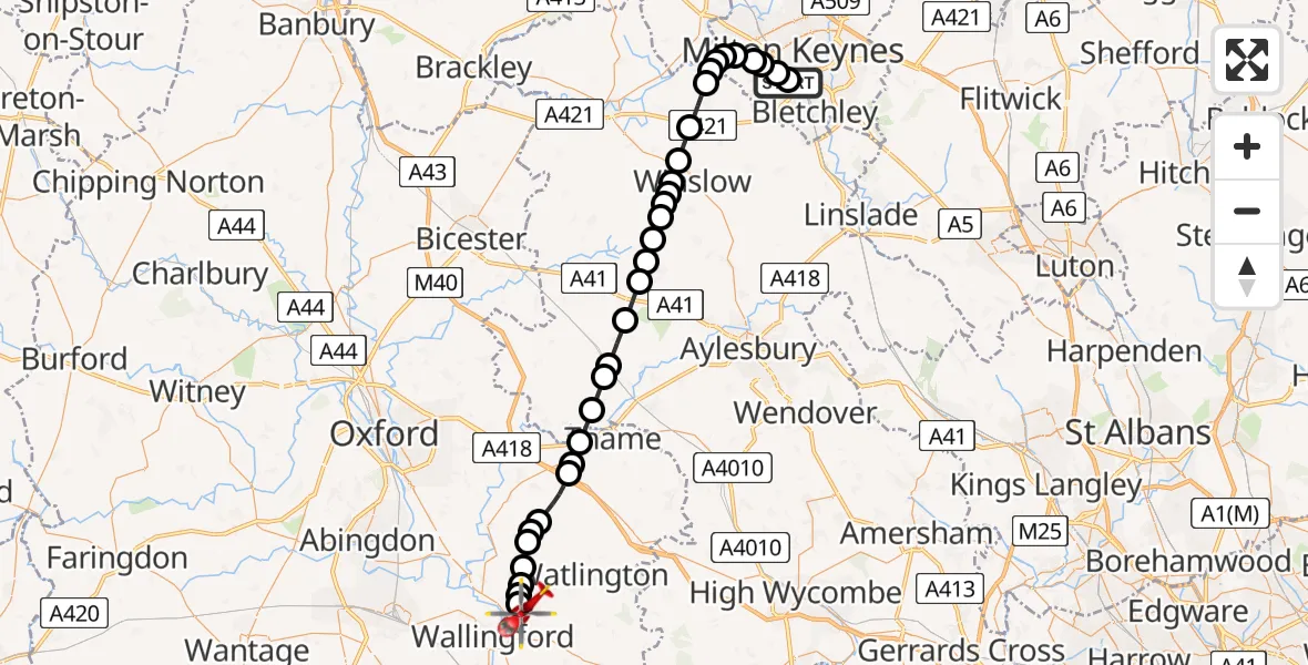 Flight route Air Ambulance Helicopter Bletchley - RAF Benson, 31 July 2026, 17:59