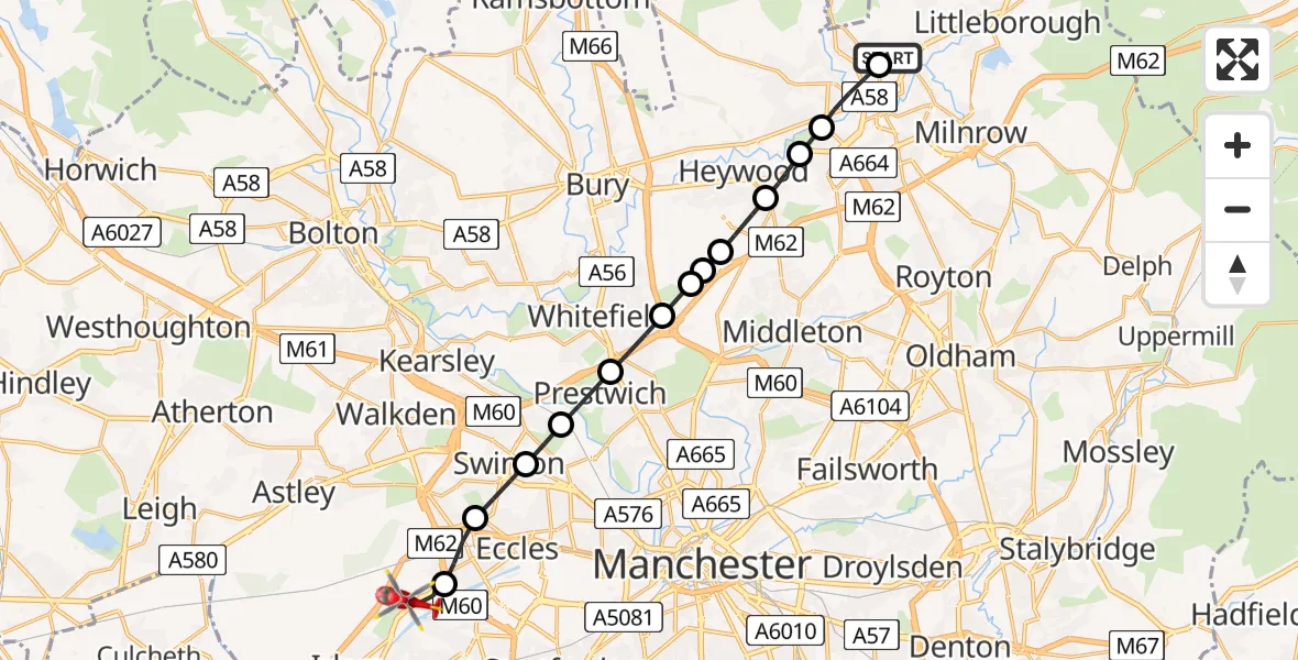 Flight route Air Ambulance Helicopter Milnrow - Manchester Barton Aerodrome, 31 July 2026, 18:00