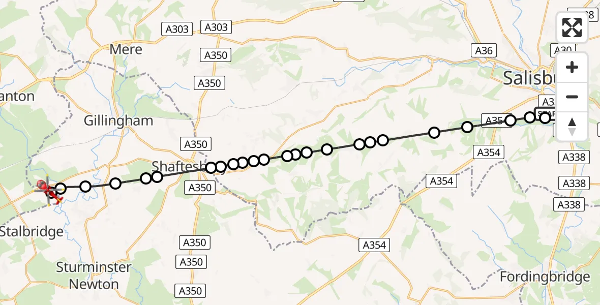 Flight route Air Ambulance Helicopter Salisbury District Hospital - Henstridge Airfield, 31 July 2026, 18:05