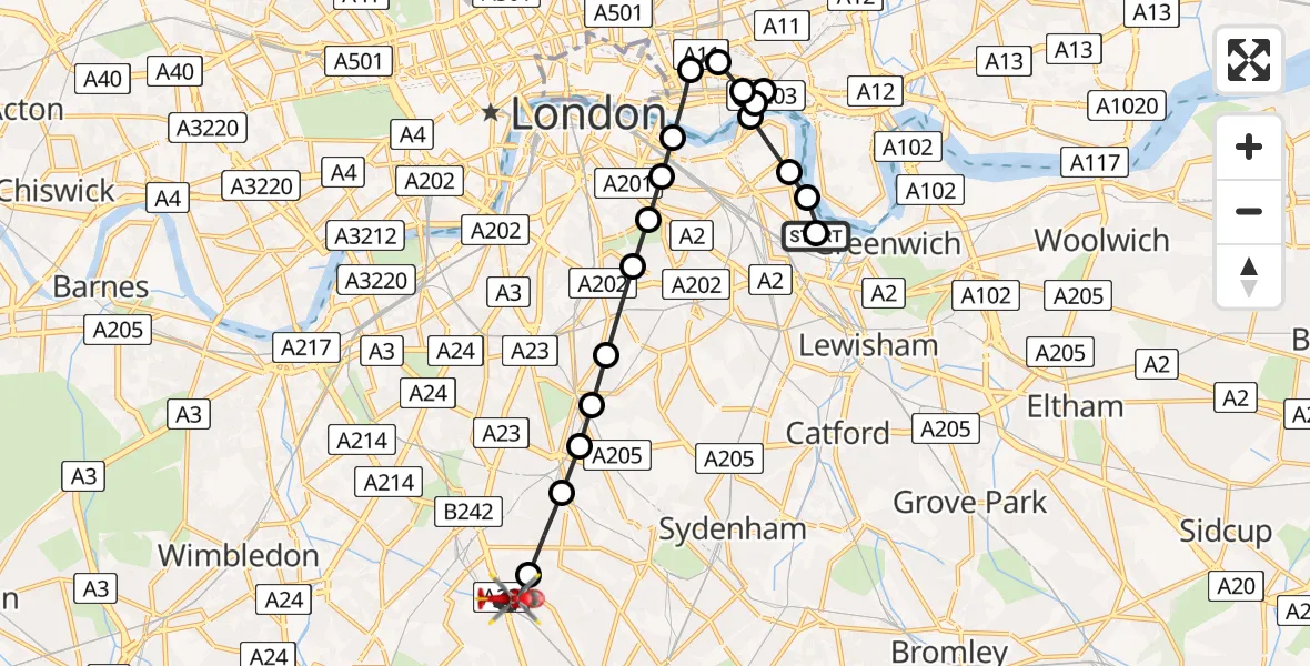 Flight route Air Ambulance Helicopter Deptford - Streatham, 31 July 2026, 18:24