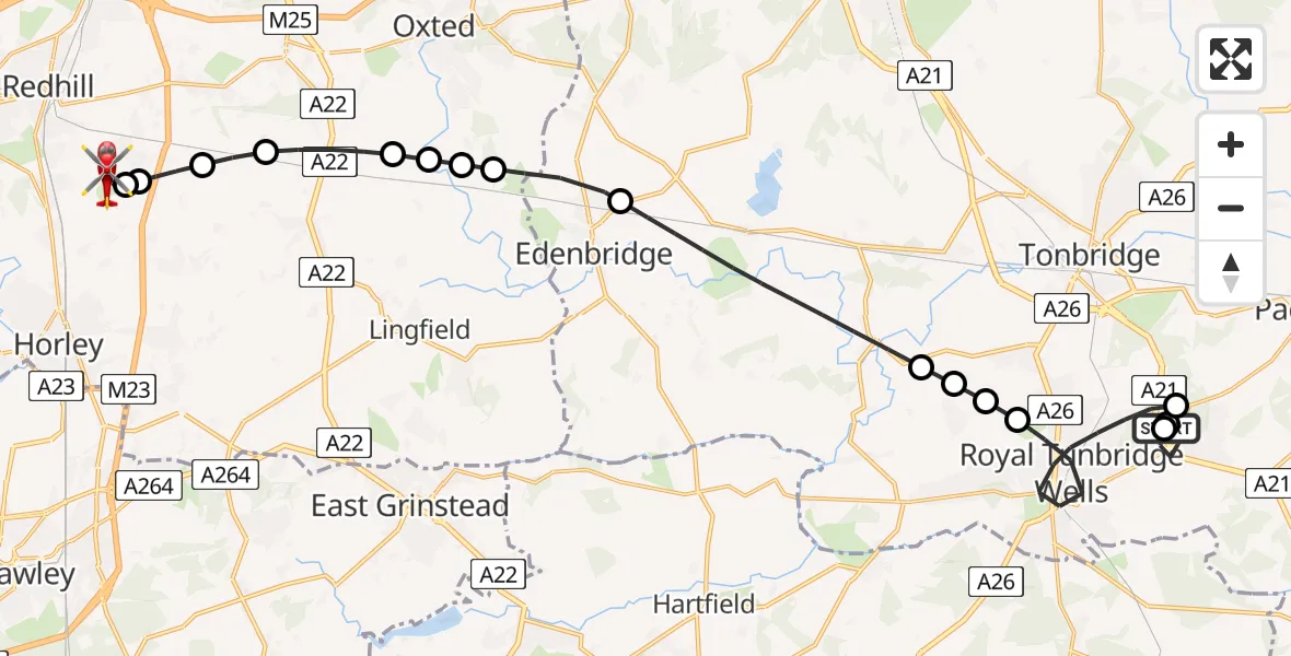 Flight route Air Ambulance Helicopter Tunbridge Wells Hospital Heliport - Redhill Aerodrome, 31 July 2026, 18:30