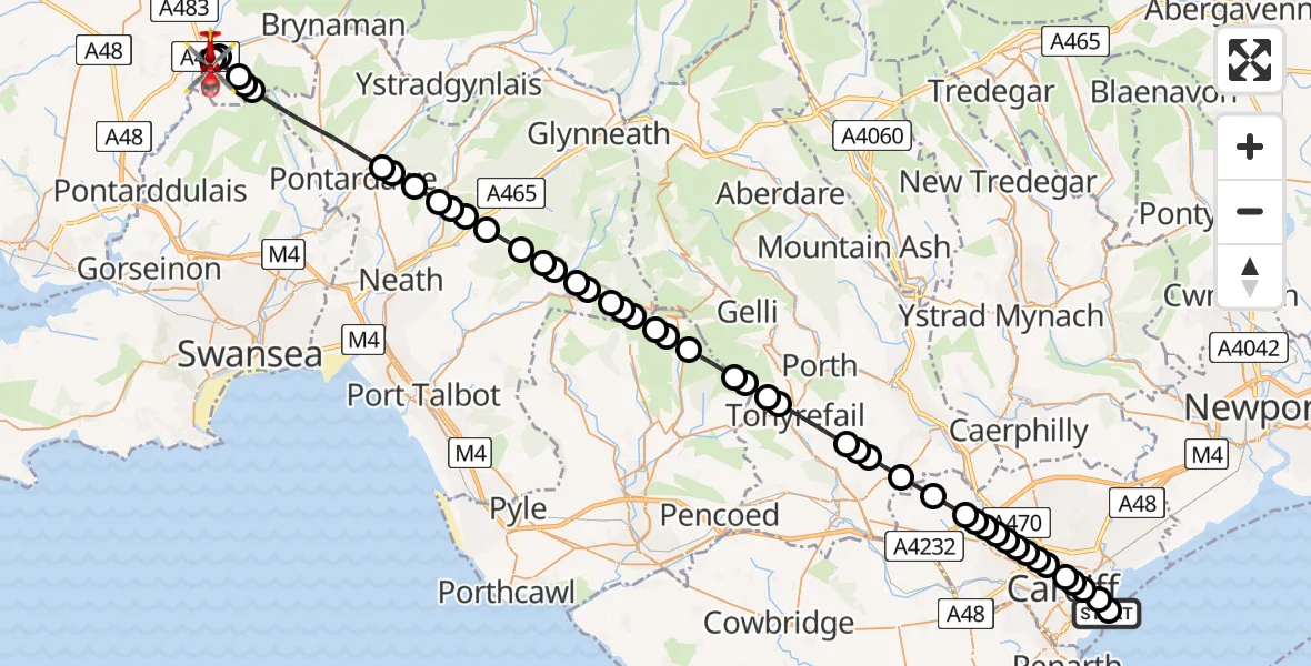 Flight route Air Ambulance Helicopter Cardiff Heliport - Ammanford, 31 July 2026, 18:30