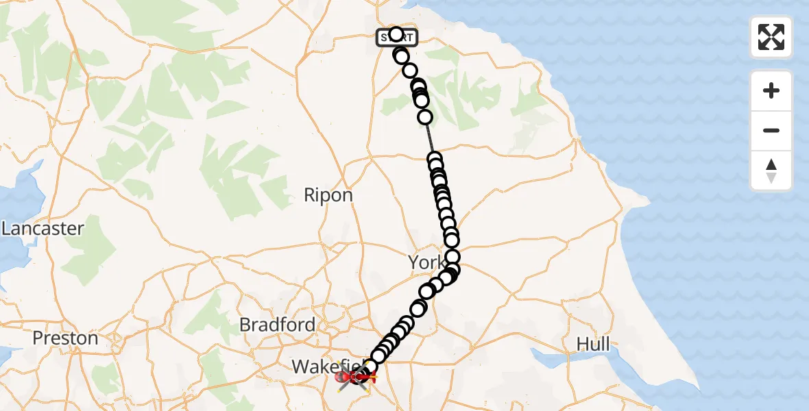Flight route Air Ambulance Helicopter James Cook University Hospital - YAA Nostell Helicopter Port, 31 July 2026, 18:52