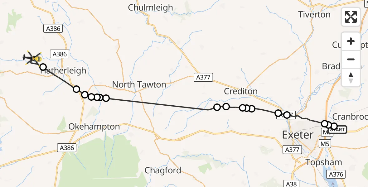 Flight route Police Helicopter Exeter International Airport - Sheepwash, 31 July 2026, 18:54