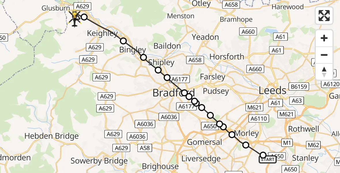 Flight route Police Helicopter East Ardsley - Steeton, 31 July 2026, 19:28