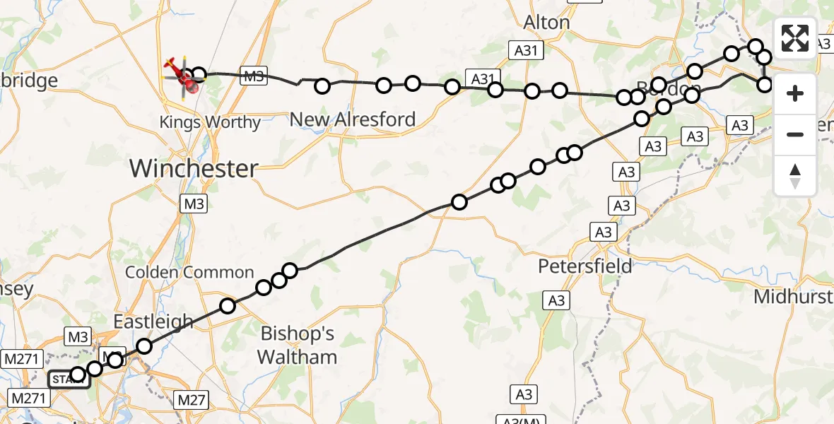 Flight route Air Ambulance Helicopter University Hospital Southampton - South Wonston, 31 July 2026, 19:44