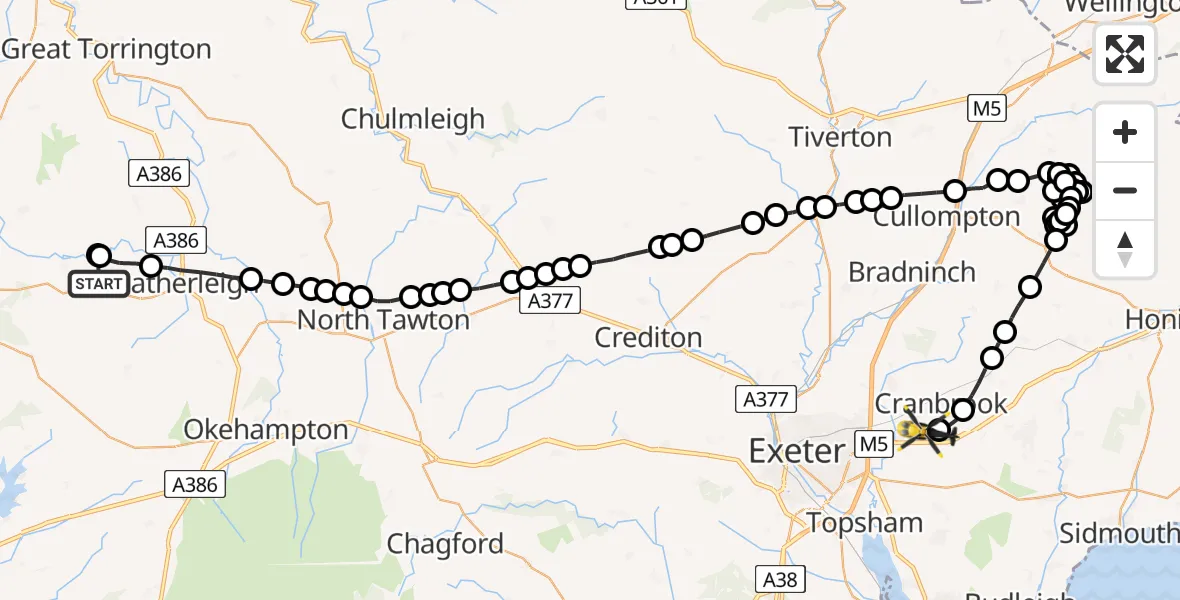 Flight route Police Helicopter Highampton - Exeter International Airport, 31 July 2026, 19:45