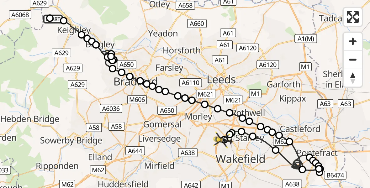 Flight route Police Helicopter Steeton - East Ardsley, 31 July 2026, 19:56