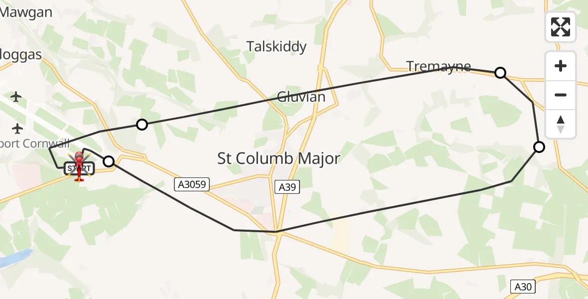 Flight route Air Ambulance Helicopter Cornwall Airport Newquay - Cornwall Airport Newquay, 31 July 2026, 20:25