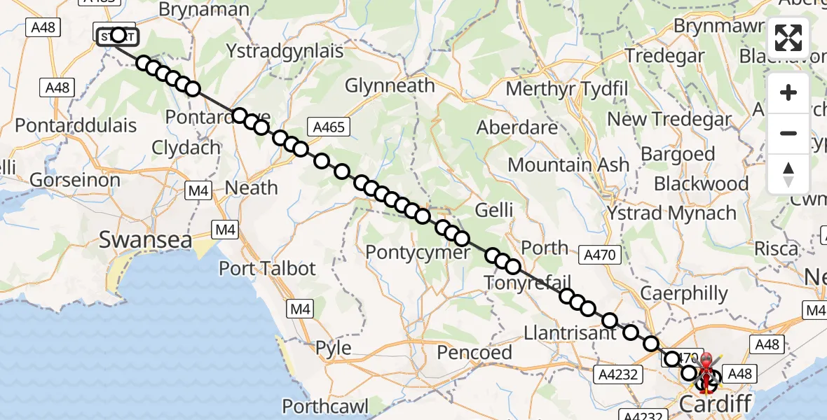 Flight route Air Ambulance Helicopter Betws - Gabalfa, 31 July 2026, 20:33