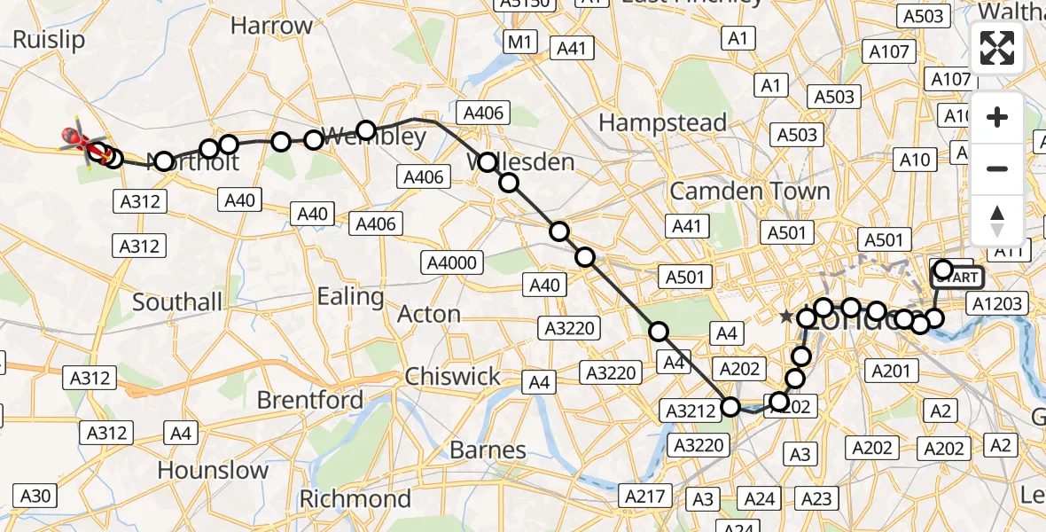 Flight route Air Ambulance Helicopter Royal London Hospital - RAF Northolt, 31 July 2026, 20:38