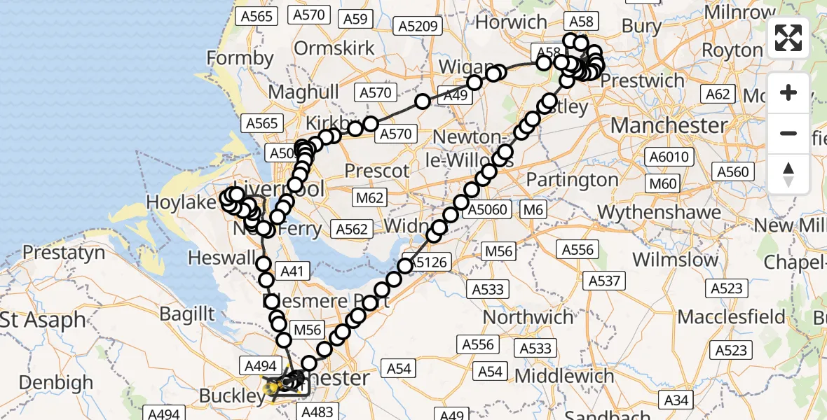 Flight route Police Helicopter Hawarden Airport - Broughton and Bretton, 31 July 2026, 20:41