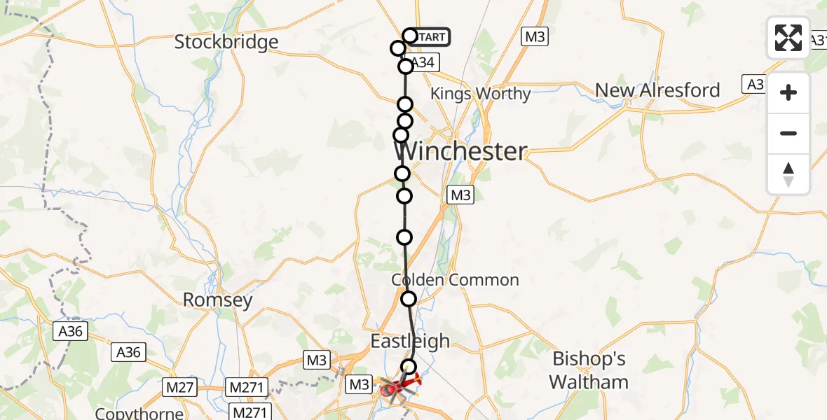 Flight route Air Ambulance Helicopter South Wonston - Southampton Airport, 31 July 2026, 20:53