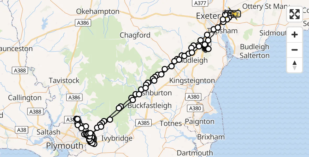 Flight route Police Helicopter Exeter International Airport - Exeter International Airport, 31 July 2026, 21:03