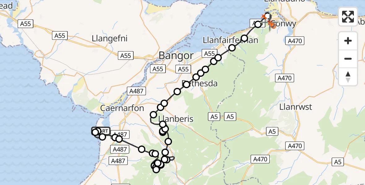 Flight route Coastguard Helicopter Caernarfon Airport - Conwy, 31 July 2026, 21:07