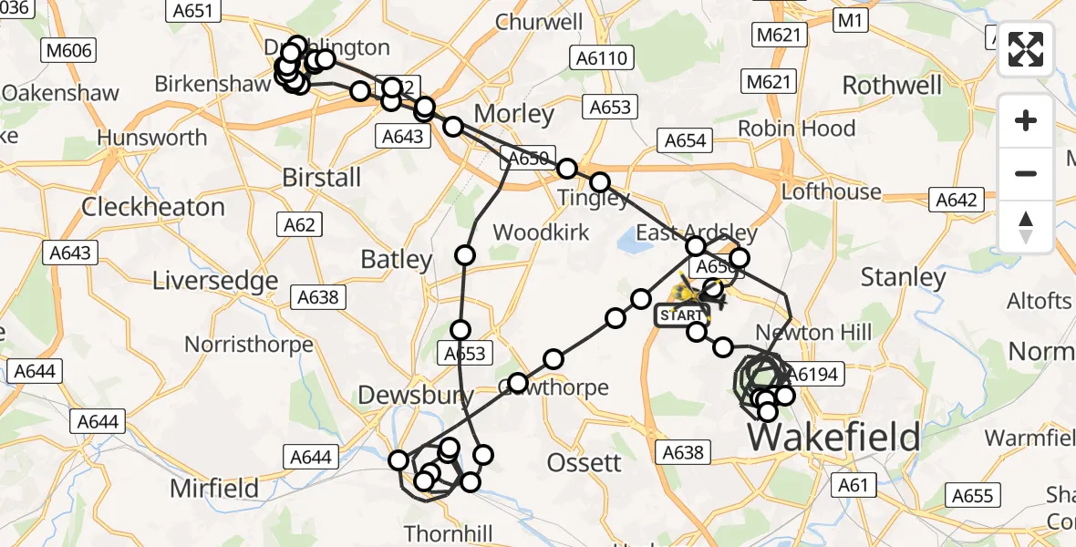 Flight route Police Helicopter Wrenthorpe - East Ardsley, 31 July 2026, 21:31