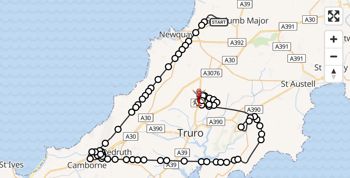 Flight route Air Ambulance Helicopter Cornwall Airport Newquay - Trispen, 31 July 2026, 21:54