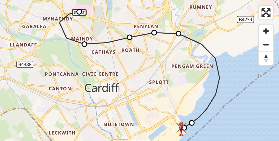 Flight route Air Ambulance Helicopter Birchgrove - Cardiff Heliport, 31 July 2026, 22:05
