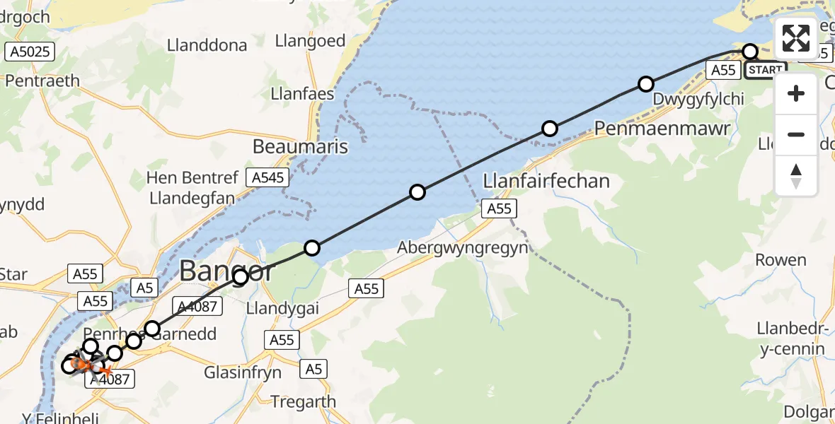 Flight route Coastguard Helicopter Conwy - Aber Pwll, 31 July 2026, 22:11