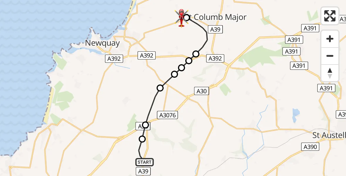Flight route Air Ambulance Helicopter Trispen - Cornwall Airport Newquay, 31 July 2026, 22:38