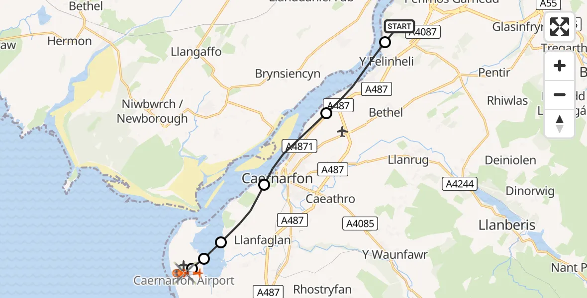 Flight route Coastguard Helicopter Pentir - Caernarfon Airport, 31 July 2026, 23:34