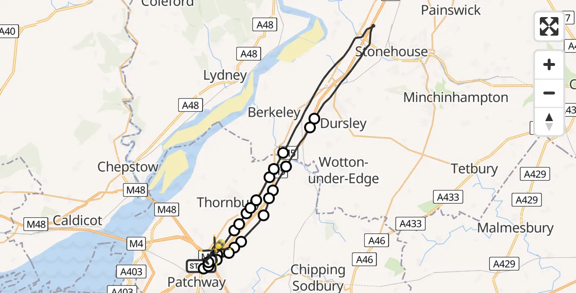 Flight route Police Helicopter Almondsbury Helicopter Base - Hortham, 01 August 2026, 00:51