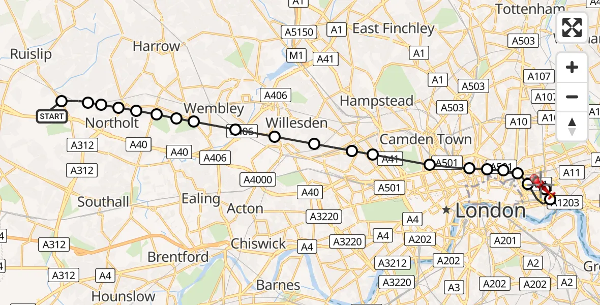 Flight route Air Ambulance Helicopter RAF Northolt - Royal London Hospital, 01 August 2026, 06:46