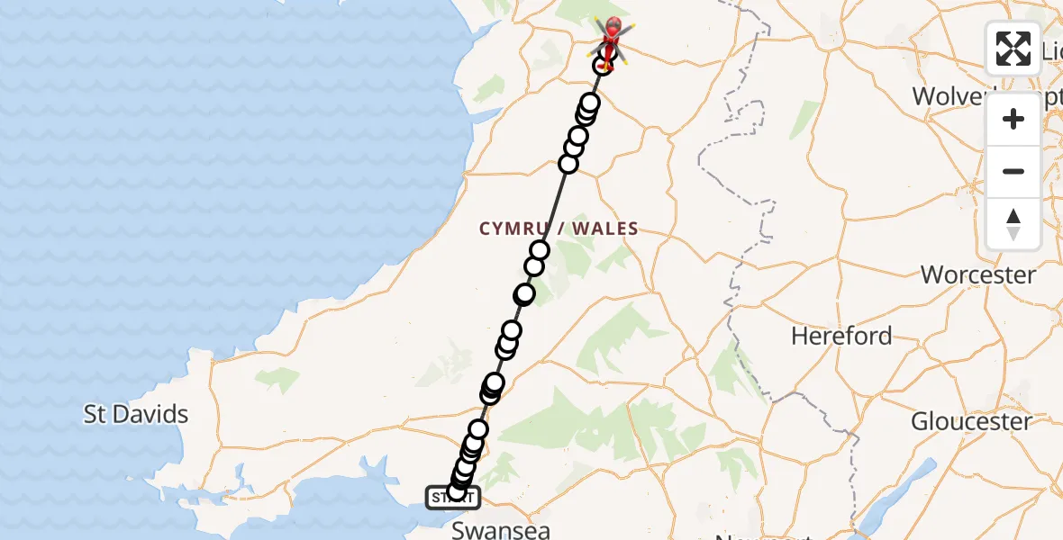 Flight route Air Ambulance Helicopter Dafen - Banwy, 01 August 2026, 06:57